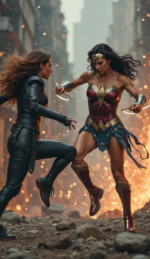 Black Widow fighting in ring with Wonder Woman