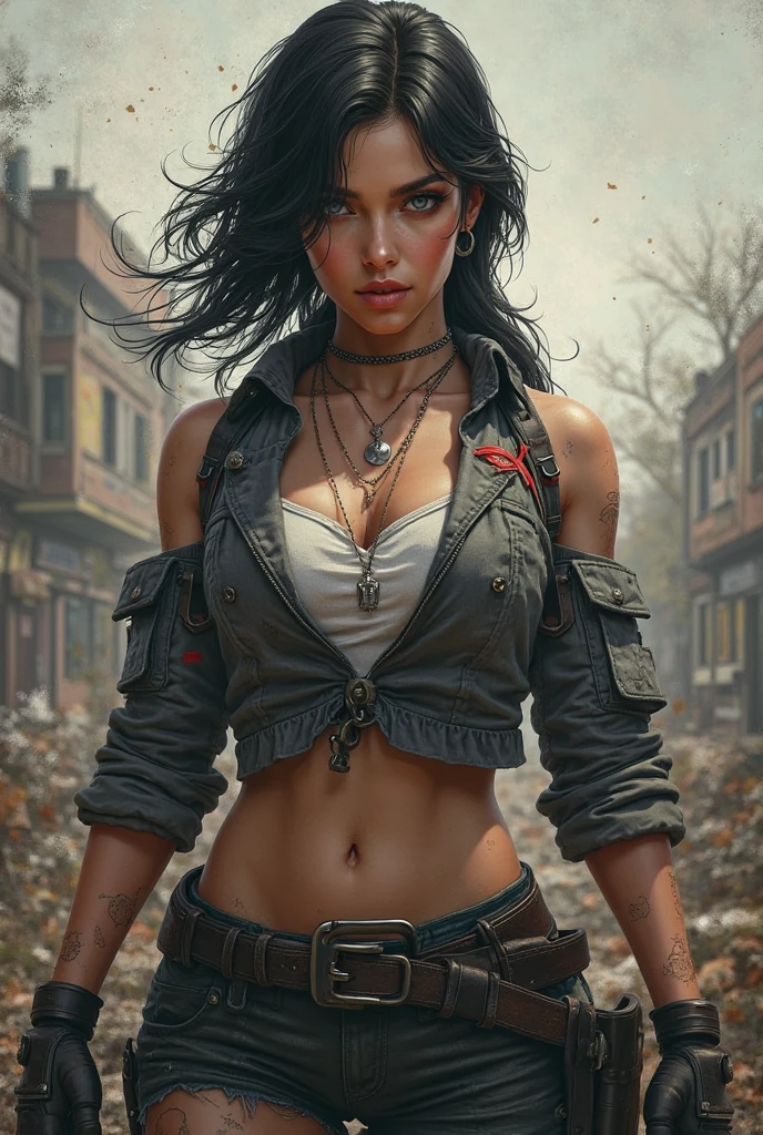 (((Tatuagens))), (((Rosto europeu, ultra-large square jaw line ))), Woman walking with determination, Torn torn torn post-apocalyptic military uniform, jaqueta de combate com buracos rasgados, combat pants with torn holes, (uso de armas e explosivos), ((seios extravagantes)),((seios enormes)), ((peitos gigantes)), olhos azuis e intensa, abdominais fisiculturistas, Futuristic sci-fi post-apocalyptic world, belas criaturas malignas femininas, Madmax Filme ,Brutal Violent Dark Cyberpunk Dramatic Background, (((Unreal Cinematic Photorealistic Engine))),