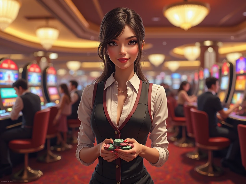 happy and smile, {{indonesian girl}}, {wearing high school uniform}, teasing and waiting customer play, standing, playing in casino, red casino background, polite and kind, Sweet Face, roulette table, poker table, big slot machines right and left, win jackpot, {{no headwear}}, private casino, crowded gambling area in background, so crowded, so many people, las vegas, american,