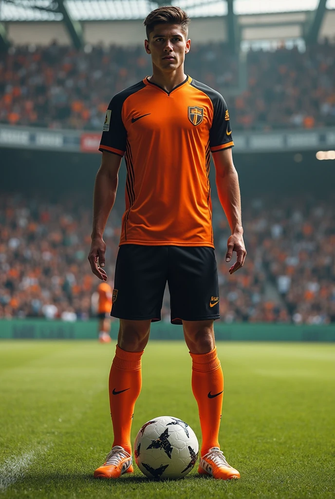 Soccer uniform, golden shirt with black details, black short with golden details, black socks, no sponsors