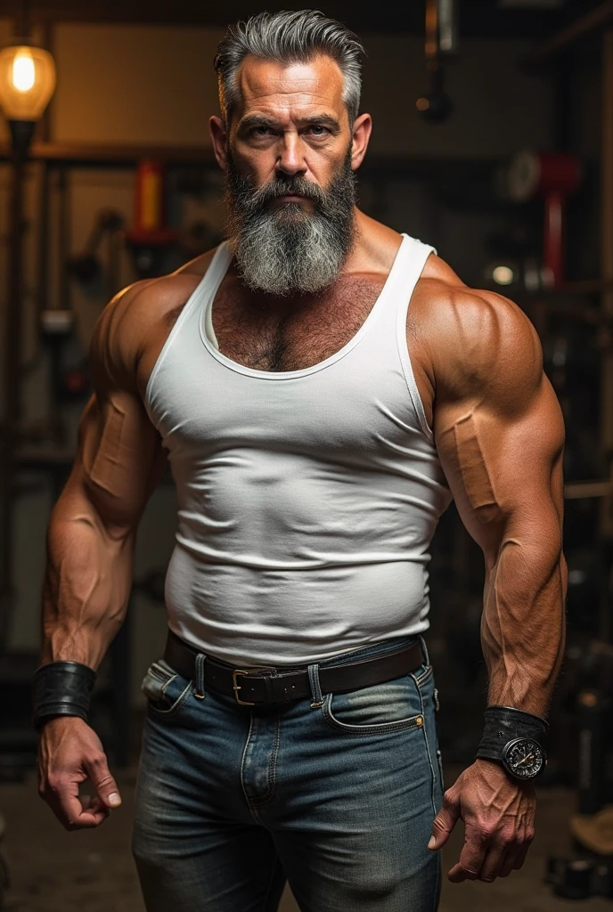 age 60, white man police detective with a mature, kind demeanor, strong and muscular yet chubby build, mustache, wearing tight thorn jeans and no shirt, wearing leather west, hairy chest and a noticeable bulge, giving off a hint of a horny yet disgusting aura, big bulging crotch, open shirt(!), hairy chest, biker boots.