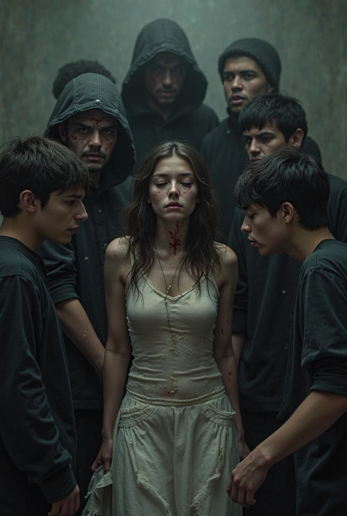 create an image Description: Clara, back in human form, is injured and kneeling on the floor of her house, with the hunters around her. She has blood on her clothes and tears in her eyes, begging for an end. The hunters are armed with spears and bows, but they appear reluctant, with conflicted expressions on their faces. The scene is illuminated by moonlight streaming through the windows, creating an atmosphere of tension and tragedy.