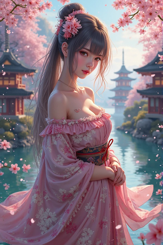 (A logo、masterpiece、8K、masutepiece、Raw photo、Fantastic、Best Quality、Photorealistic、extremely detailed CG unified 8k wallpaper、hightquality、ighly detailed、epic poem、Particle effect、Dynamic effects、depth of fields、Cinematic Light、Lens Flare、Ray tracing)、Fantasia、 (1 beautiful woman in a white coat、robe blanche、Japanese dress、A dark-haired、Beautiful face、Real Face、Beautiful detail eyes、Beautiful skin)、Hair flutters in the wind、Hair jumps、Pink cherry blossom tree、Petals flutter、Sakura blizzard、Superb view、morning glow、Sun in the background、the wind、Deities、tusk、myth、Vast Land、