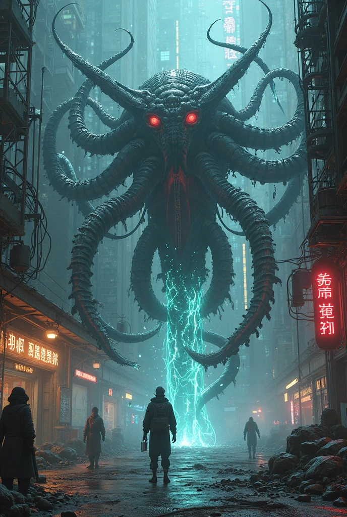 Cinematic image effects,Invasive alien creatures,Weird bullhead,Huge pliers,Spooky tentacles,blood vess,,Murderous,(Full body like:1.4),combats,The city was destroyed,Dispersed crowds for their lives,blasts,fire glow,废墟,of a real,Facial features are carefully depicted,Realistic skin texture,Dark style,depth of fields,high light,Real light,Ray traching,oc rendered,Hyper-realistic,best qualtiy,8K,Works of masters,super-fine,Detailed pubic hair,Correct anatomy,sharp focus on eyes,Bokeh,Facial features are carefully depicted