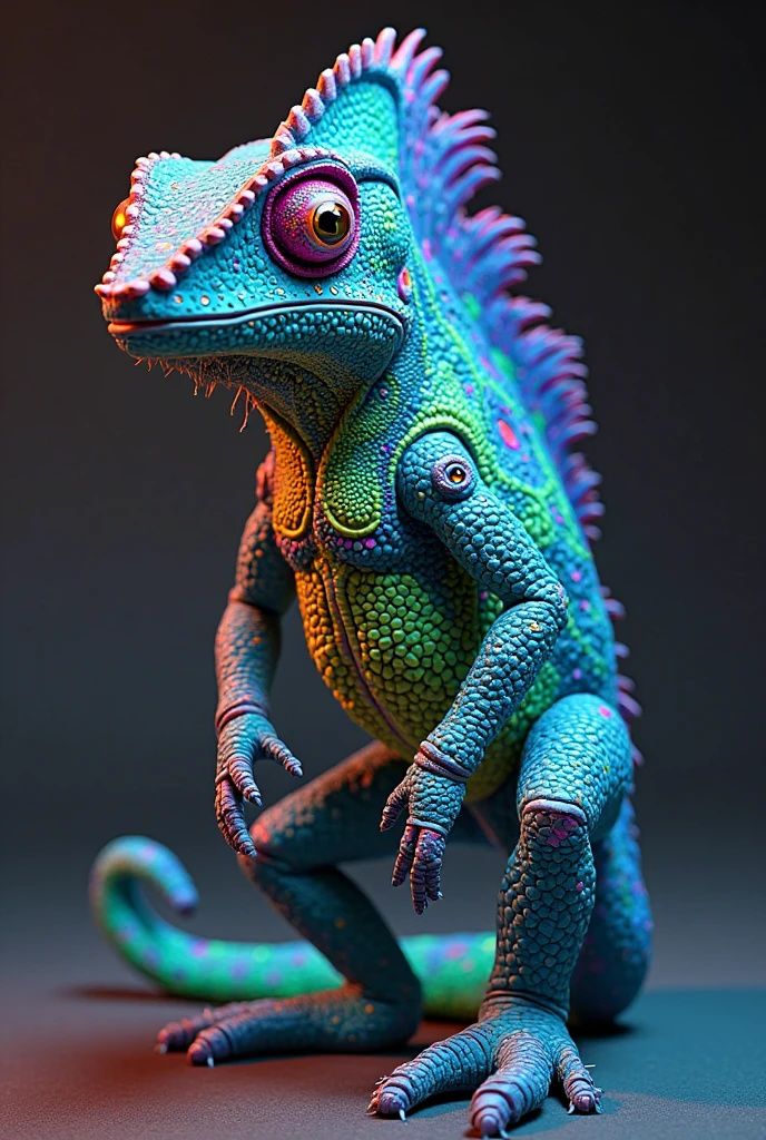 A 3D render of a rainbow-colored iguana made of fresh paint. The paint is dripping from the iguana's body. The background is black. The image has a textured, brushstroke-like appearance.