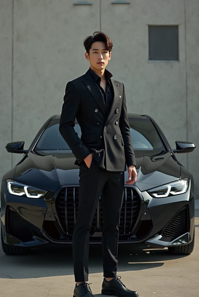 a young handsome man。Wearing a black suit. White shirt、Japanese man wearing tie，Age 28.Height 182 cm)、with a smile on face.Standing against the hood of a BMW.Cross your hands on your chest.young man with short hair.best picture quality、masterpiece、Ultra-high resolution、(Photo realism：1.4)、Full body image. 8K、Super sharp、Light is real .Ultra high quality、tall gentleman、very beautiful hair、Bright photos .Handsome as a model、Handsome as an idol、Professional avatar、Professional portrait photos、Realistic portrait photos、Detailed color portrait、Idol portrait、High quality full body portrait photos。