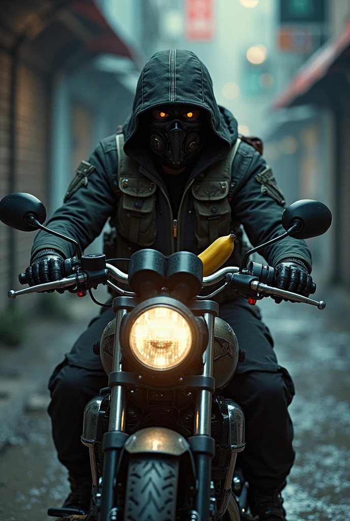 a man in a gas mask standing in a dirty room, cyberpunk art, inspired by Mike Winkelmann, nuclear art, neon green lava streets, neon wires, airbrush render, sitting on cyberpunk motorbike