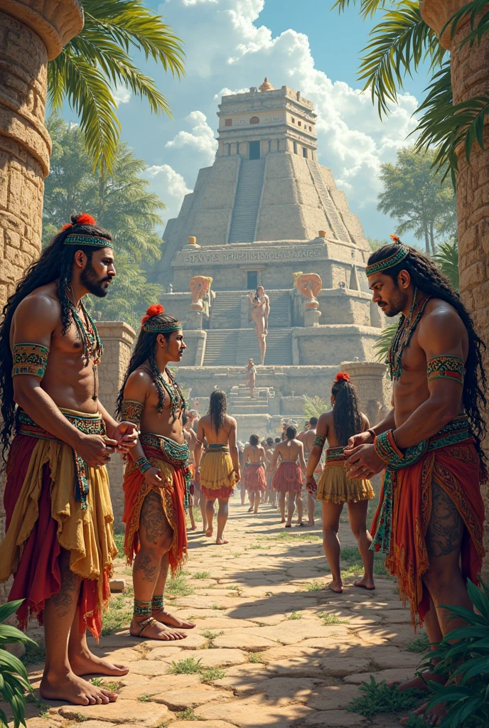 Aztec man talking to another Aztec person in training area while there is a hidden person listening to the conversation