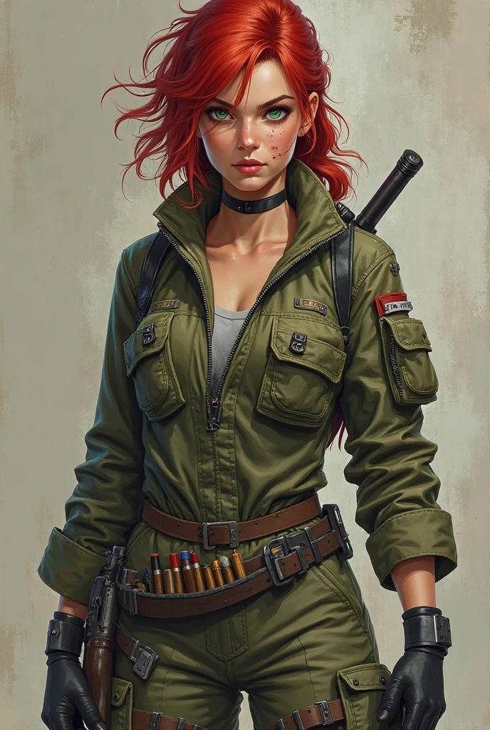 1 woman, inside a manual weapons room, wearing a moss green ninja outfit, detailed facial features, red and feminine eyes, detailed white skin, chopped scarlet red hair, soft expression, prescription glasses on her face, image showing full body , dramatic lighting, big breasts, cinematic composition, cold and dark color palette, atmospheric fog, strong body, thin chin, (best quality, 4K, 8K, high resolution, art: 1.2), ultra-detailed, (realistic, photorealistic , photorealistic: 1.37)
