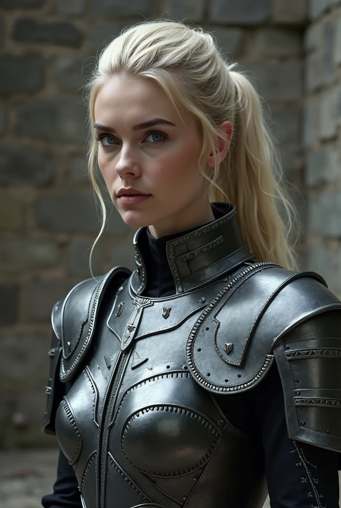 award winning waist up photo of a beautiful fantasy warrior, wearing torn black leather armor, dirty and tarnished and scratched silver pauldrons, blood covered, worn leather gloves, short blonde hair, bright blue eyes, dense forest in background, dark, ominous, foggy, high contrast, shiny skin, soft lighting, backlighting, bloom, light sparkles, chromatic aberration, sharp focus