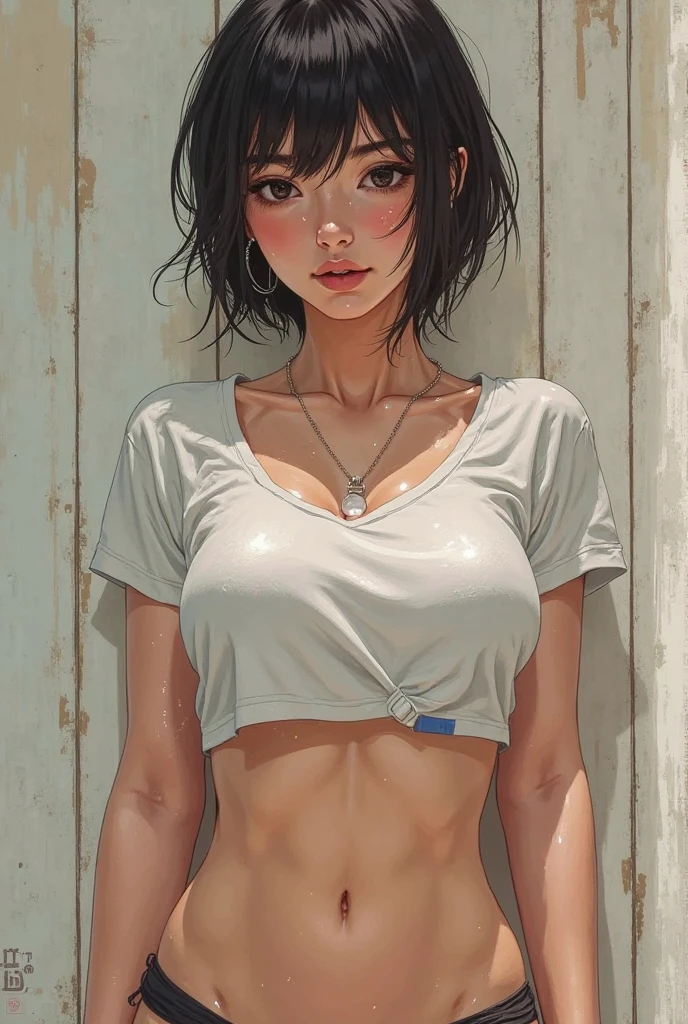 ((masterpiece,Highest quality:1.3,best quality illustration)),((realistic:1.2)),cowboy shot,solo,1woman,18 year old beauty、black hair,short bob hair,(center parted bangs),black eyes,(gorgeous big eyes),((very small head:1.4)),Heavy breathing,drooling,((slender body:1.2,skinny)),(tan skin:1.4),small breasts,(White tank top、school gym red buruma),Wet crotch,gleaming skin,oily skin,slender body,sweat,standing,locker room、Tokyo、