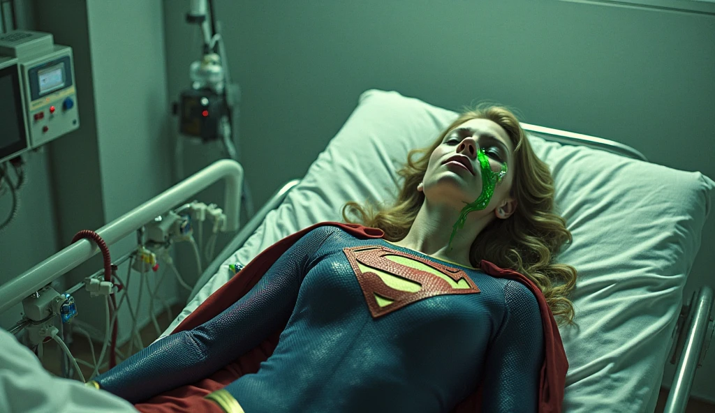 Supergirl, laying on a bed, wearing a pyjama in green and yellow, Her super dress is laying on a chair, 4k, great chest, wearing a sleeping mask