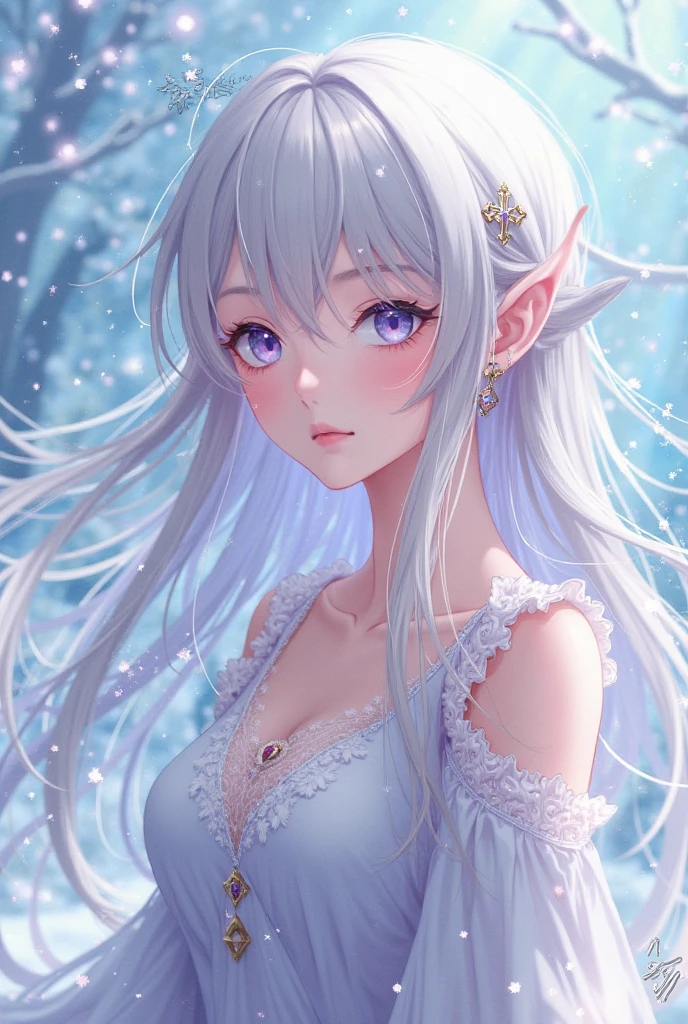 (masterpiece、Highest品質、Highest、Official Art、Beautiful and aesthetic、Long Exposure:1.2)、Smooth movement、Attractive patterns、One Girl、(Long dress with sleeves:1.3)、(((White clothes)))、Upper body close-up、Exposing shoulders、Korean Girls、smile、Light purple long hair、Portraiture、solo、Upper body、Looking at the observer、Detailed Background、Detailed face、(Crystallized AI、Crystal Theme:1.1)、Elemental Wind Elf、回転Wind、 Wind、White crystal clothes、Off the shoulder、Dynamic pose、Suspended particles、Aether Dynamics、旋Wind、vapor、背景に旋Wind、White Tone、旋Wind、Ethereal atmosphere、