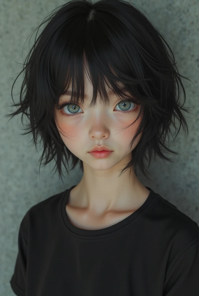 Create a picture of a teenager girl with dark black hair short with grey eyes and little both of freckles in her face