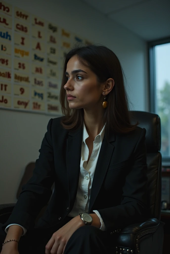 A businesswoman in a blazer and beige blouse in the office with cell phone
