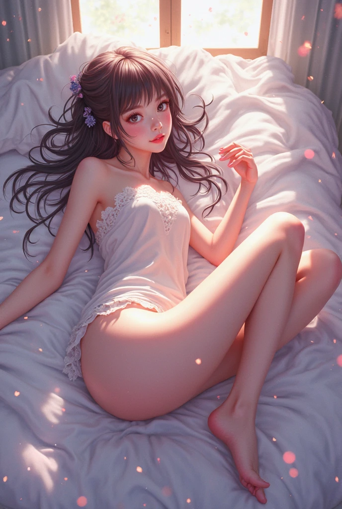 realistic, best quality, masterpiece, intricate, absurdres, detailed, UHD, photorealistic, a beautiful woman sleeping with a cat, peaceful, perfect anatomy, Lace longline bralette with a matching Brazilian-cut panty, messy room, in her bedroom full of personal things, dim light, rim light, depth of field, dutch angle, dynamic perspective from above, bokeh, <lora:add-detail-xl:1.5>,