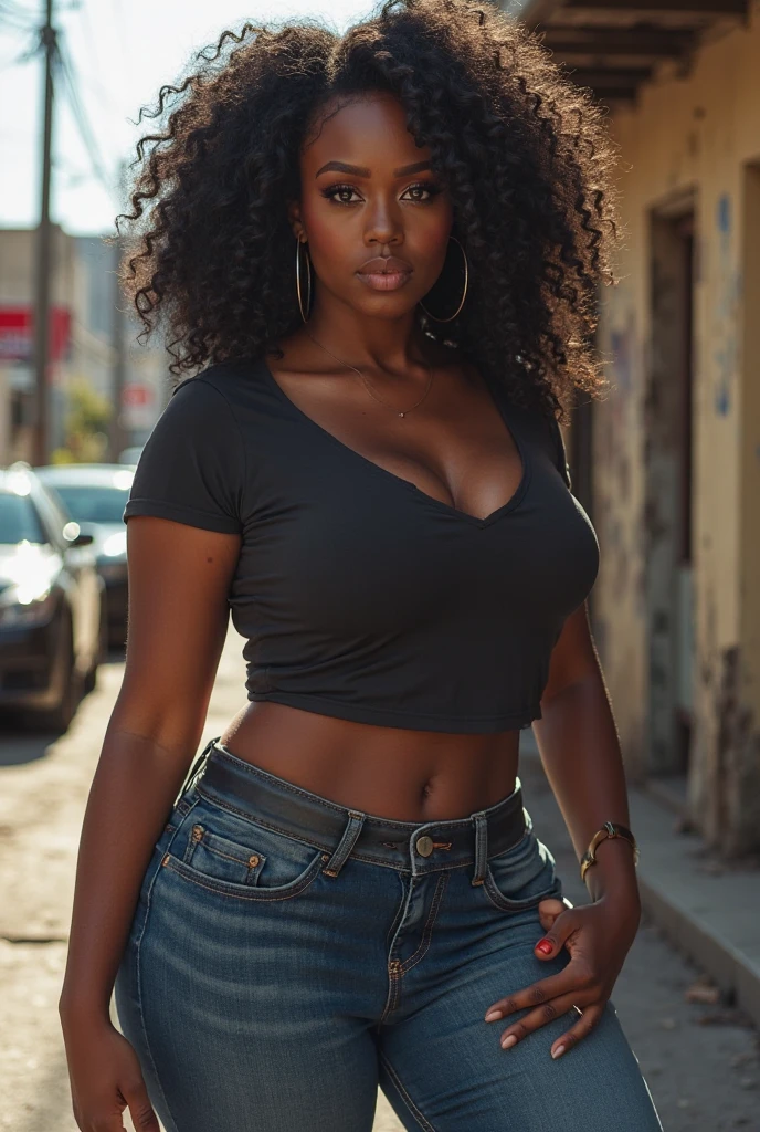 ONE GIRL. best quality, ultra-detailed, hyper realistic, 8k, full body shot, 23 years old, Nigerian beautiful girl, round shaped face, dark black skin, highly detailed skin with blemishes, ebony, dark natural afro hair, fit athletic figure, full body, big natural E cup breasts, big butt, wide hips, wearing a casual oufit with micro shorts, cleavage, smiling, in the park