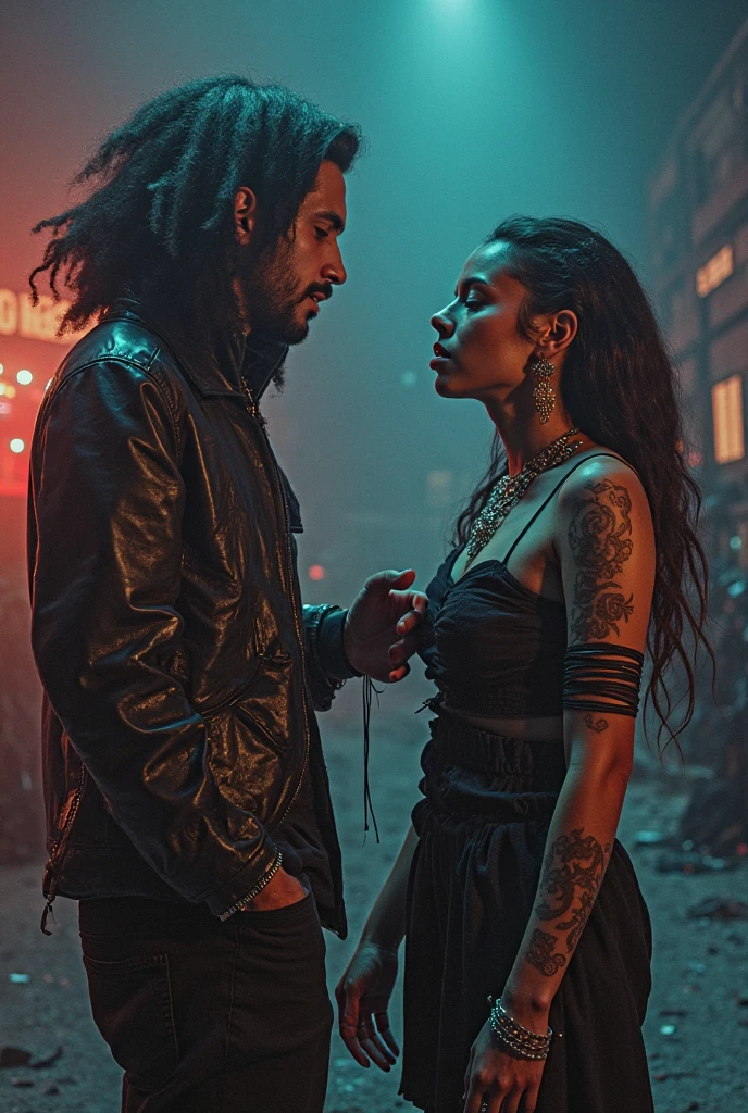 A cyberpunk image of a loving interracial couple holding each other at sunset. intricately detailed, intricately textured, hyperrealism, in the style of Patrick Nagel, visible paint strokes, smeared paint, pastel colors, in Art Nouveau style.