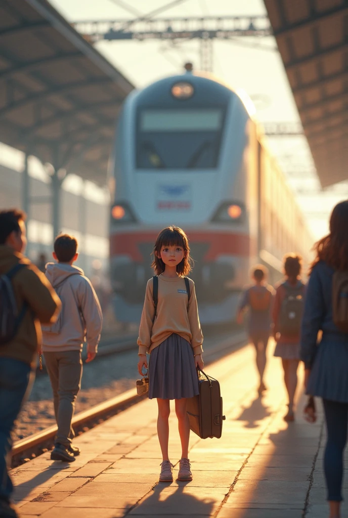 Image of a girl of Spanish origin (ultra realistic 1.4k) low, light eyes, 19 year old brown straight hair, Black school uniform with tie, Blazer y falda collegial. A boy next to the girl in a black uniform. looking at the girl out of the corner of her eye.In the background a train with suitcases and a 20-year-old boy on the side, tall with black school uniform (movie image) realistic image