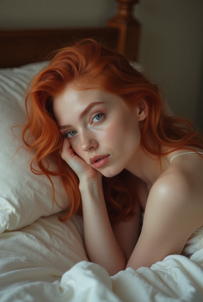  Beautiful European woman with fiery red hair lies in bed and looks at the ceiling, Sie blickt direkt in die Kamera, Im Schlafzimmer ist es , romantic atmosphere, Konzentrieren Sie sich auf das Gesicht, Scharfer Fokus, 8k High Definition, ultrarealistisch, hyperrealistisch

