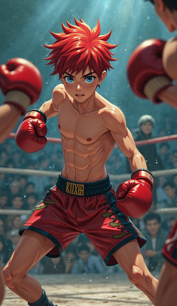 boy, , cute, Under 10 years old, whole body, redhead, short hair, (expression of agony), muscular, black skin, (Topless), (nipple), (red shorts), (barefoot), (finding), (spit blood from the mouth), (professional wrestling ring), (audience), (high resolution), (High precision)