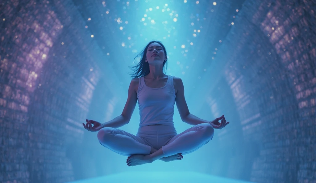 uma mulher de camisa branca e fones de ouvido sentada em uma tigela azul, elven spirit meditando in space, fones de ouvido flutuantes, vibrating with music, elven angel meditando in space, zen méditation cyberpunk, Mother earth, music not ar, meditando, cosmic ambient, a cyborg meditando, 8k organic art photography, promo image