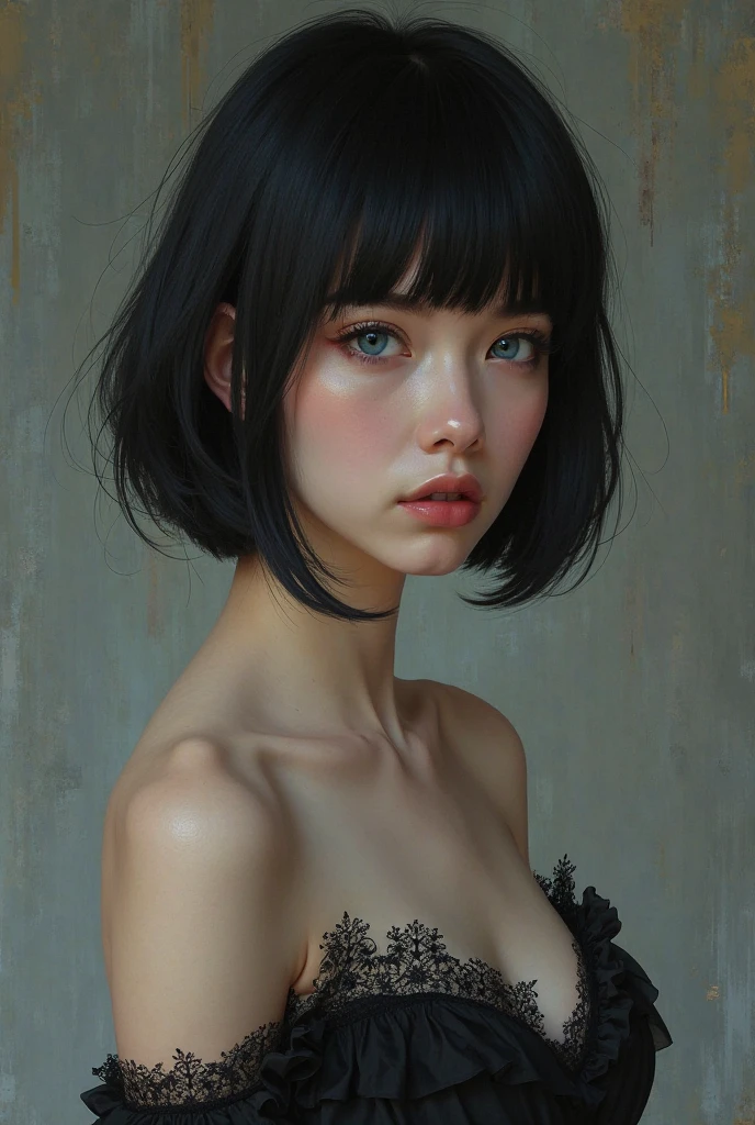 (Realisttic:1.2), analog photo style, cute woman with short black hair and red-colored bangs, red eyes, (Gloomy and dark atmosphere), soft natural light, faded colours, nude, sexy, pleasure, great quality, Masterpiece, detailed fantasy background, better performance, 16k quality, HDR, RAW photo