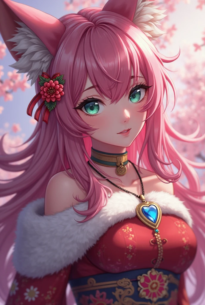 Magenta hair, hazel eyes, older woman, hair jewel ornament, cat ears, long hair, smiling face, bright colors, chines clothes, pastel colors, skull panda