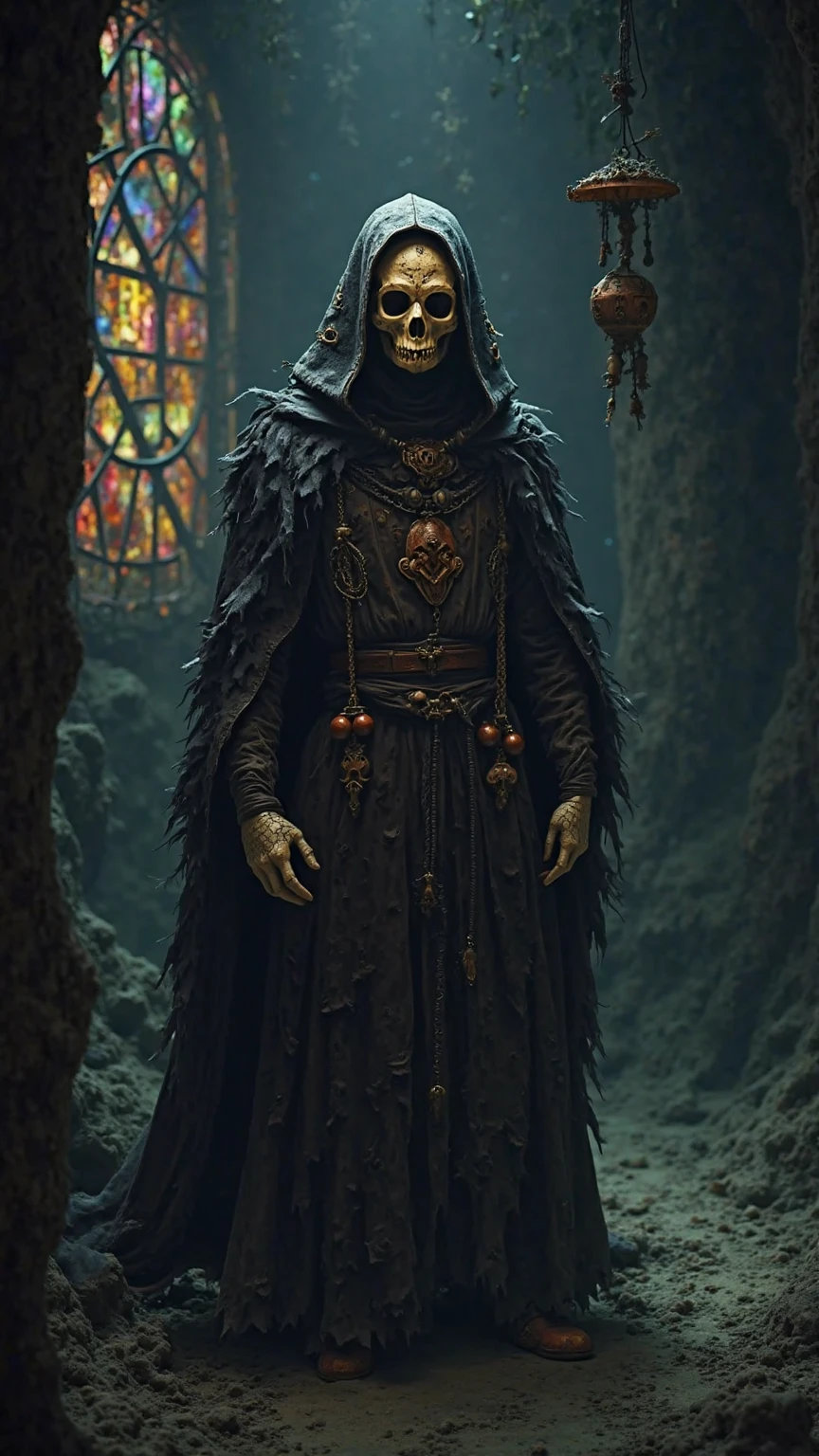 a highly detailed and complex (robot), detailed (metal face with iron and silver etchings), face composed of metal plates, body of matte iron dented and pitted, wearing a brown woolen cloak, holding a black wood wizard staff twisted and gnarled with a glowing gem at it's tip, facing the viewer, crowded medieval street, dark, grim, eerie, a blend of magic and machine in a man