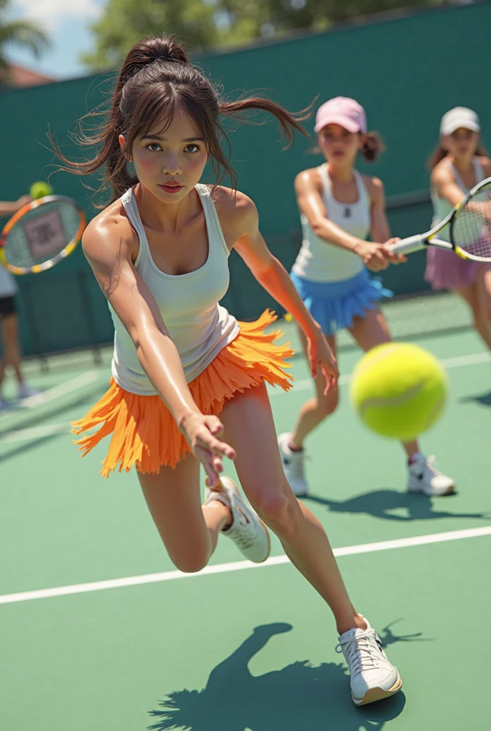 Create an illustration of a character in the midst of returning a single tennis ball during a game, capturing the dynamic moment of impact between the racket and the ball. The character should exhibit focused determination, with their body and facial expression showcasing the intensity of the play. The tennis ball should be depicted in mid-air, just as it is about to make contact with the racket. Emphasize the energy and motion in the scene, highlighting the interaction between the character, the racket, and the singular ball. Use vibrant colors to enhance the excitement of the moment. Feel free to add any additional elements that enhance the overall composition and convey the thrill of a high-stakes tennis match.