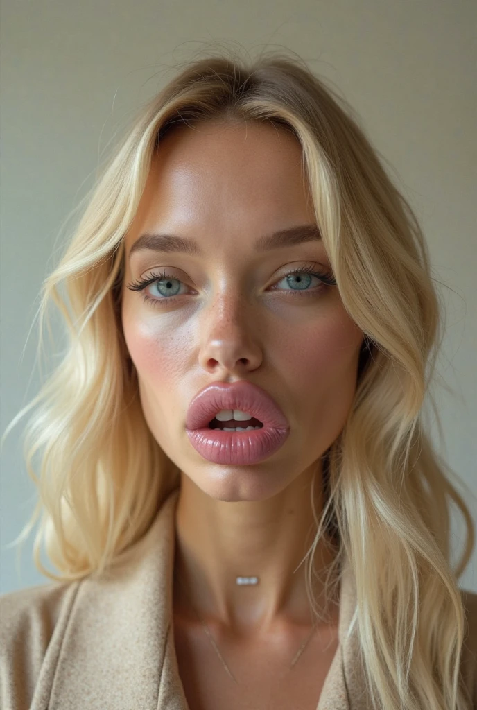 shaved hair, beautiful face, huge eyelashes, pink lipgloss, large tongue, open mouth, hyper big plastic mouth, bimbo face, Large plump Bimbo lips