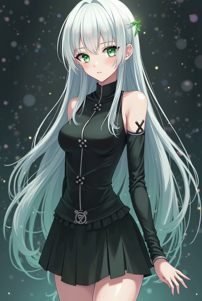 anime girl,white hair,reaper suit,long hair,green eyes,Black skin,nigga girl