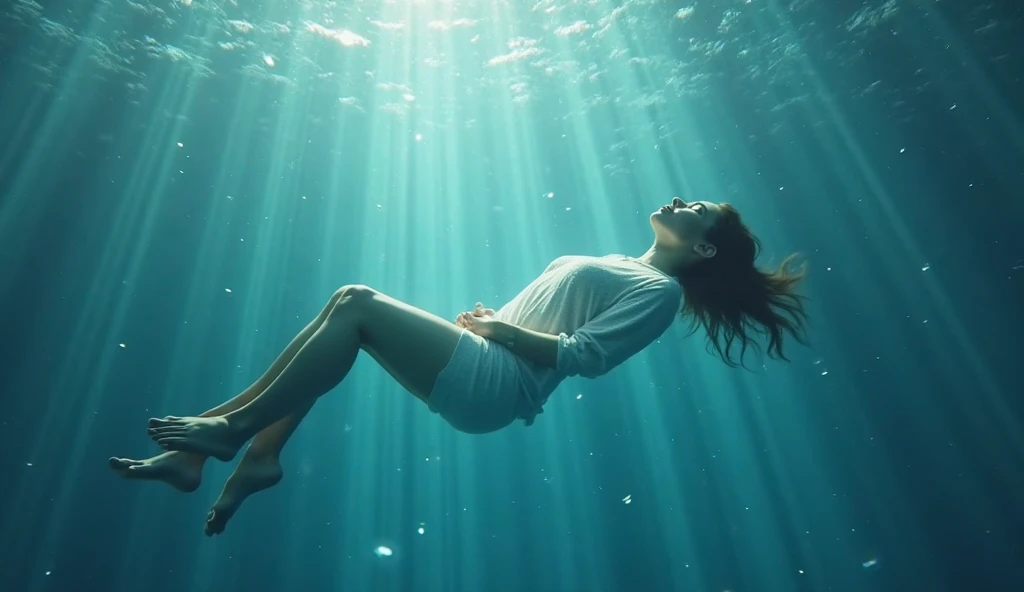 In the deep sea where only air bubbles float、A slender 35-year-old beauty is taking a deep breath with her eyes closed and her arms outstretched towards the water.、Wearing a white shirt、Healthy look、Her hair is swaying like waves、