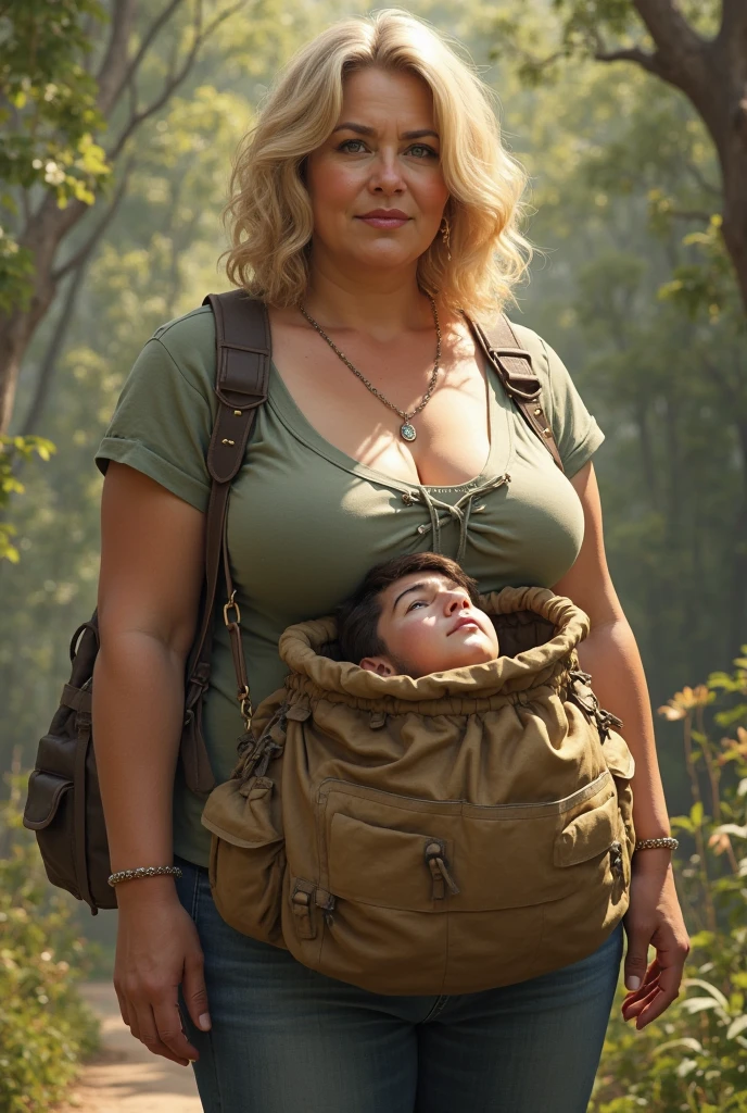 Scarlett Johansson, masterpiece quality, (masterpiece quality:1.9), realistic, solo, one girl, the wearing cargo pants, wearing white crop top, short haircut, Mayan ruins in background, jungle in background, big boobs, (big boobs:1.5), chubby belly, (chubby belly:1.2), cleavage,