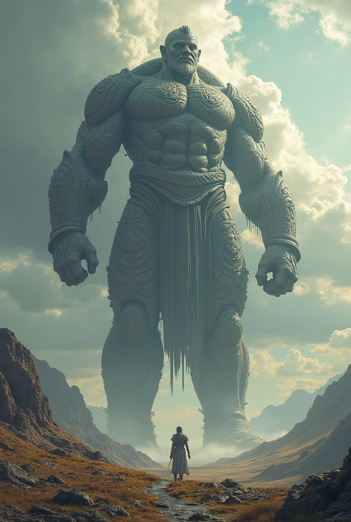 a huge ancient stone statues of powerful deities, towering over a small human figure, 1girl, beautiful detailed eyes, beautiful detailed lips, extremely detailed eyes and face, long eyelashes, awe-struck expression, anime, digital art, highly detailed, 4k, 8k, hyperrealistic, photorealistic, masterpiece, dramatic lighting, epic scale, volumetric lighting, dramatic cinematic composition, vibrant colors, fantasy, mystical, surreal