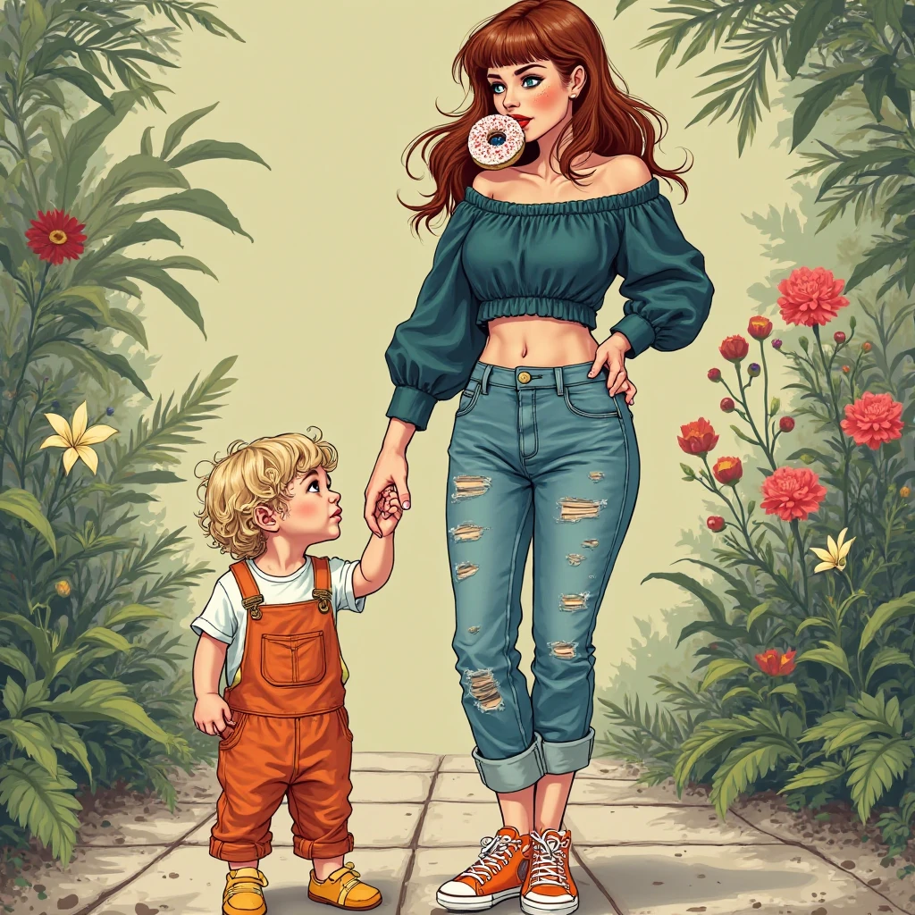  A charcoal drawing of a mom walking through the park with a black cap that has Vans written on it.To her right runs a five-year-old girl with blonde hair , a white dress and a black Vans cap on her hand.The one-year-old baby wears a dino sweater and has a pacifier in his mouth.The mother has orange long hair, is European with freckles and wears a crop top, black crop top and black culotte pants.She wears Birkenstocks.She has her hair in a bun .Mom&#39;s hips and legs are rather curvy