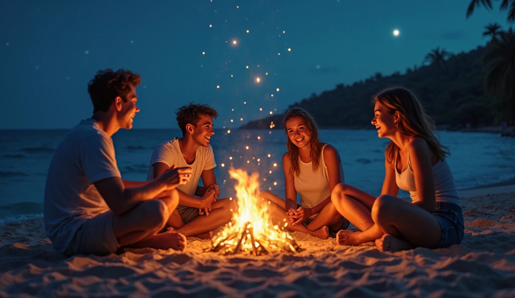a group of friends on a beach in front of the bonfire. looking scared at the high seas.