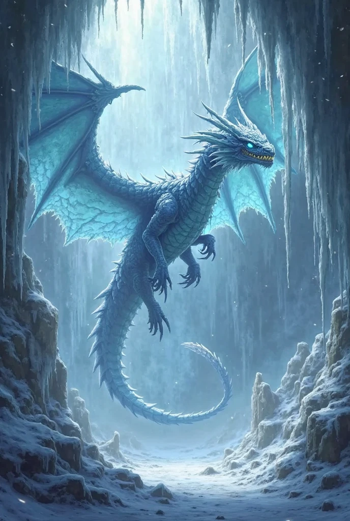 (extreme long shot), BREAK, A frost dragon with (2 wings) in an ice cave, ((ice pillars in the foreground, dragon partially hidden by ice)), BREAK, mystical creature, realistic, ultra detailed, static pose, moonlit through the ice,