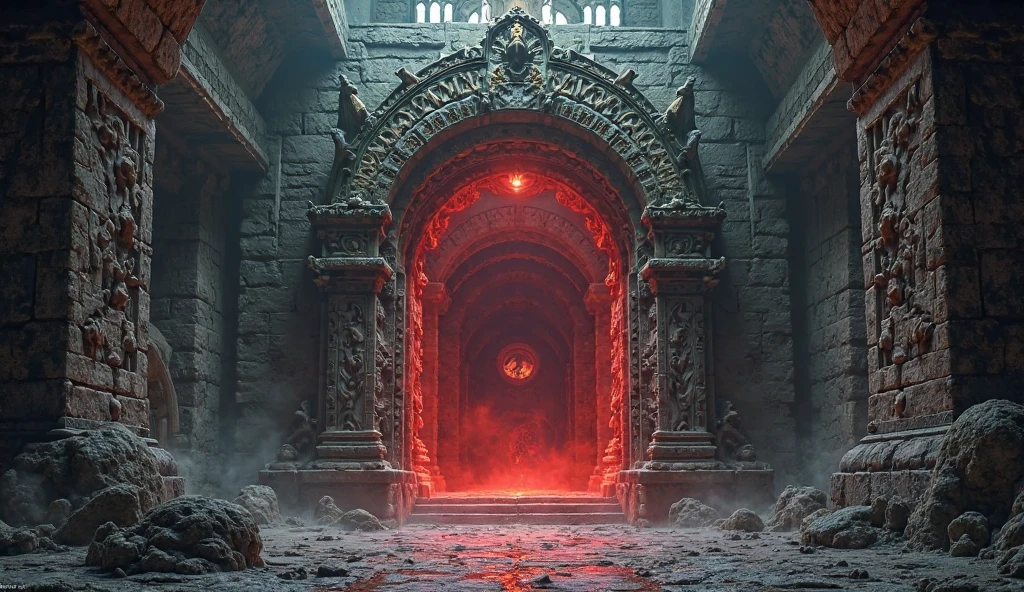"Rusted iron dungeon gate with broken chains, blood stains on the floor, ominous red glow ???????????, horror atmosphere, intricate details, 4k, dark fantasy"  