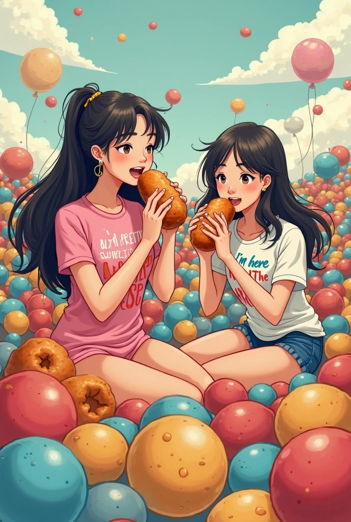 High-quality digital art with a whimsical and psychedelic art style, abundant in bright colors and swirling patterns BREAK A frontal, seated perspective capturing both characters in a relaxed, cross-legged position BREAK Two characters enjoying burgers, one with eyes closed savoring the taste, and the other with a delighted expression, both dressed in casual, colorful attire BREAK An imaginative, abstract background that seems to represent a vibrant dreamscape, with floating celestial bodies, swirling patterns, and a dynamic array of shapes and hues.