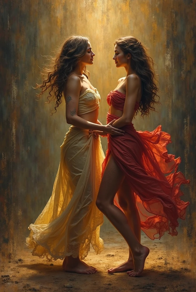 Create image of a beautiful sexy woman with long braid and wearing a crimson sarong, sharp nails and huge thighs, light skin color, with a large red scarf around her arms wrestling angrily and violently with another sexy woman wearing white sarong and a long white scarf around her arms, full body image, girls fight, hair pulling, rear choke hold, girls slapping each other, red and white scarves