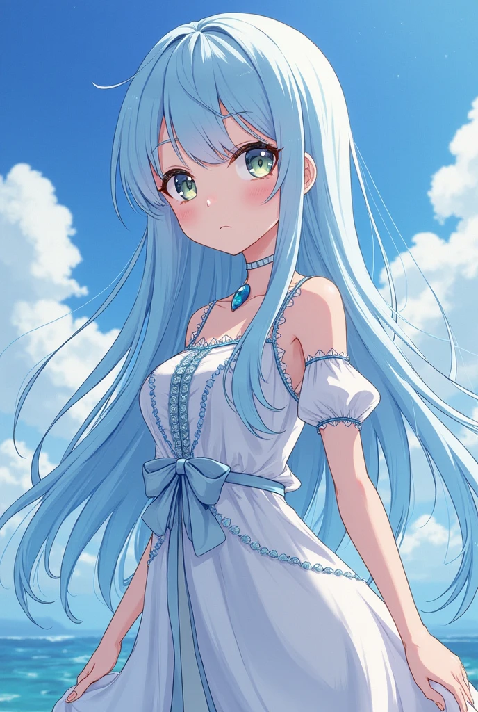 Highest quality, 32K, High resolution, masterpiece:1.5, One beautiful person, An exceptionally beautiful face, Small Face Beauty, Perfect Human Anatomy, Big yellow eyes, ((Shiny blue hair:1.1)), ((Super Long Straight Silk Hair)), Asymmetrical bangs, Hair between the eyes, Transparent, soft white skin, Sharp eyebrows, Thin lashes, Natural Makeup, Transparent air, Summer sunshine, Travelling on an airship, Nice views, A strange other world