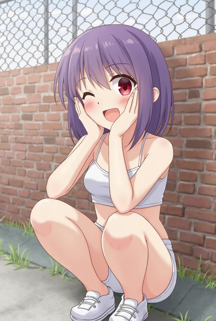 A naked woman is sitting against a brick wall with her small breasts exposed, seductive anime girl, the anime girl is crouching, beautiful anime girl squatting, , beautiful alluring anime , smooth anime cg art, anime. Soft lighting, [ 4k digital art ]!!, Naughty, cute anime girl, makoto shinka, Surreal