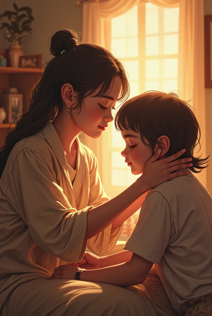 Create an image of an elder sister who is protecting her younger brother with her apron and embracing him and kissing him on his forehead