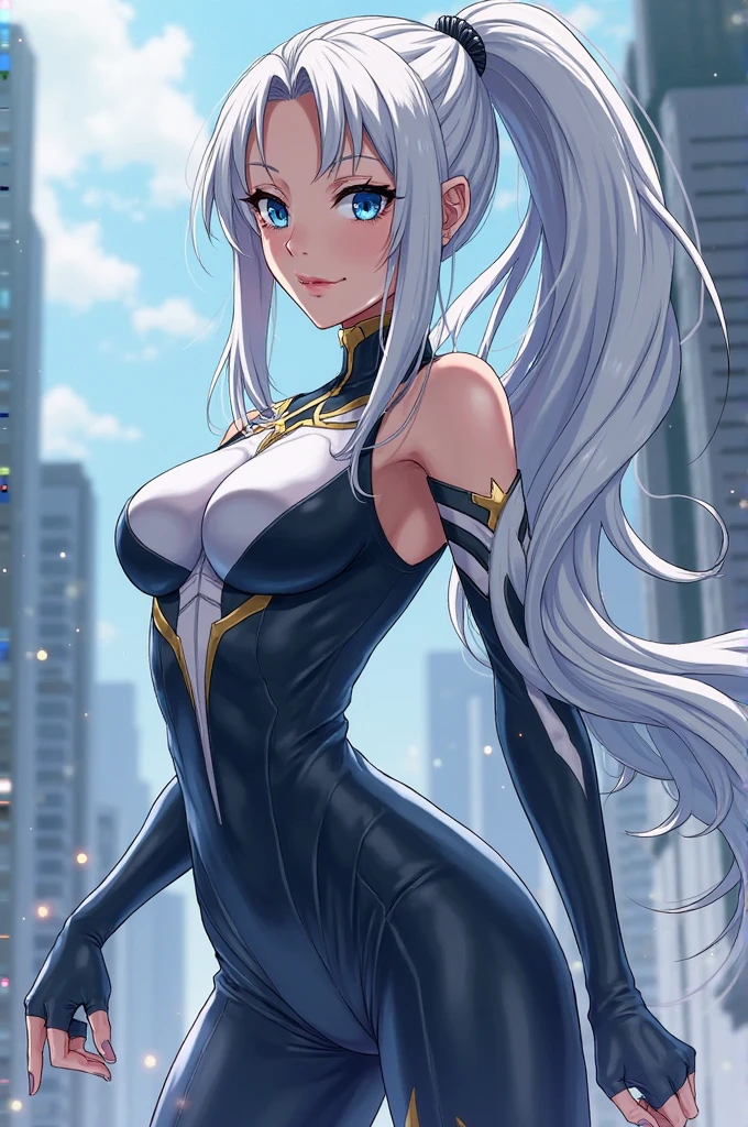highest quality、Realistic、female、zoom、Orange Eyes、Silver long wavy hair、Hero Suit、Glossy bodysuit、slender、Dark Skin、Large Breasts。Big Ass、Rooftop、An inappropriate smile、Bust Shot、