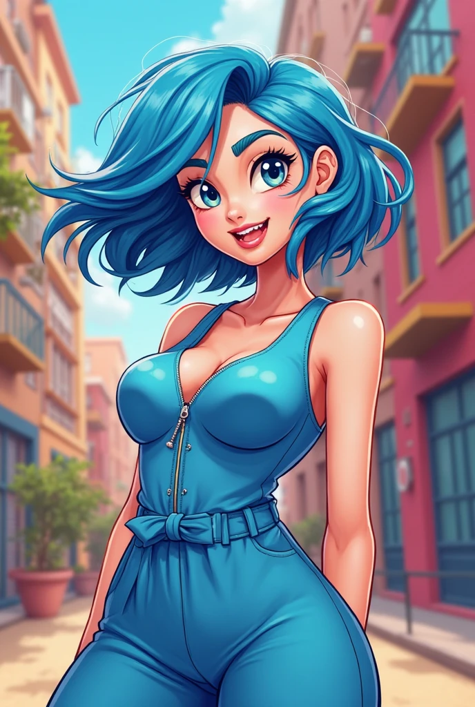 Excellent image, a young adult woman with bright makeup in a blue lace mini dress with open shoulders, with red hair, wearing high heel sandals, Hands in handcuffs, handcuffs on hands, wrists are cuffed, arrest, Hands handcuffed, Posing in full growth, playful smile, hands behind your back, feet shoulder width apart, handcuffs with long chain on legs, anime