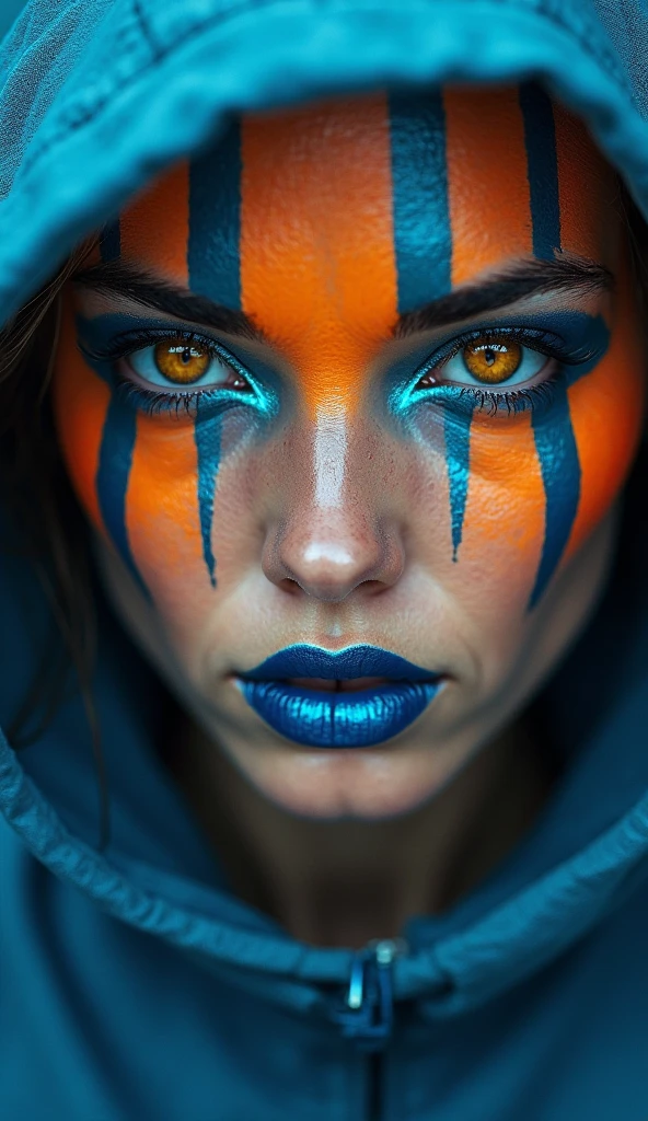 a woman with blue eyes and orange paint on her face, scary color art in 4 k, color photograph portrait 4k, war of colors, intense colors, 8k artistic portrait photography, cyberpunk colors, hyperrealism. fantasy 4k, technicolor 4 k, cinematic colors, neon lenses for eyes, colorful lenses, predator eyes, fantasy and cosmic horror movie
