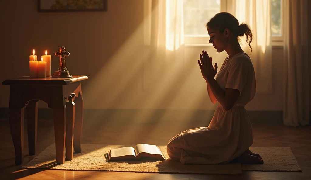 ((best quality)), ((masterpiece)), (detail), perfect face, panoramic photo of a young russian woman praying with her hands together in church, woman with V-line face and blue eyes, clear face, church scene with intricate details, shimmering and magical light, surreal photo, 8k, ultra high resolution, sharp face