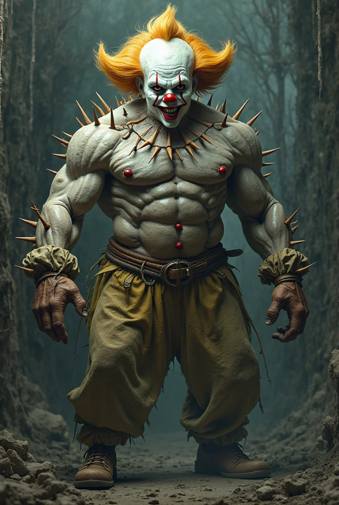 Muscular man dressed as Pennywise without shirt. The background is a dark forest.