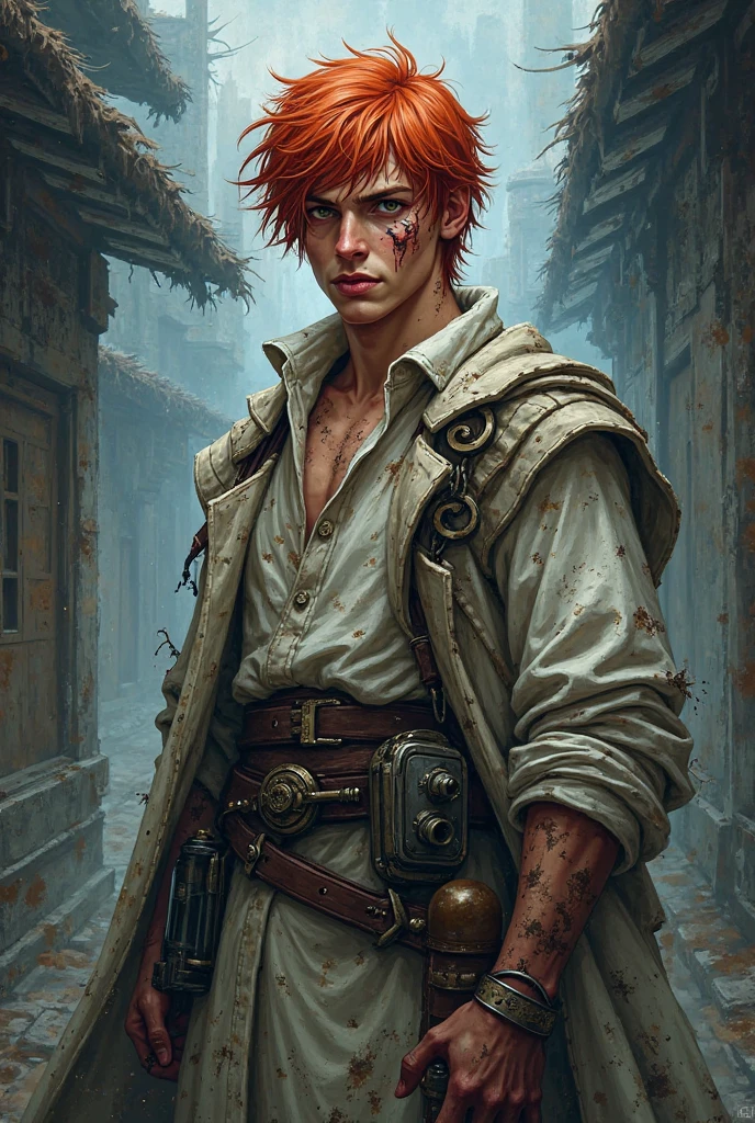 (masterpiece), high quality, ultra-detailed CG art, immersive atmosphere, (male character) with (blue eyes:1.2|red hair:1.1), clad in unique hunter attire, exuding a calm smile and (holding a syringe:1.3) prepared to administer medication from (medical kit on wrist), against the backdrop of a (haunting forest:1.5) shrouded in mist.